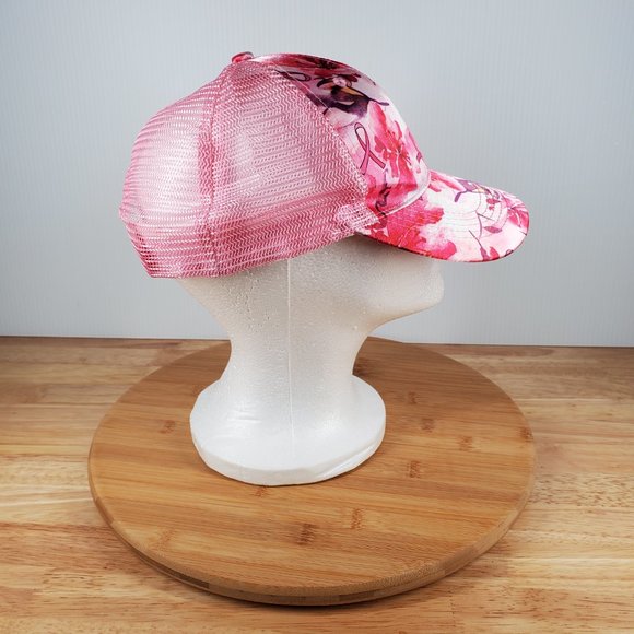 Support The Cure Hat Pink Purple Flower Ribbon Graphic Adj. Trucker Cap Wms OSFM - Picture 4 of 7